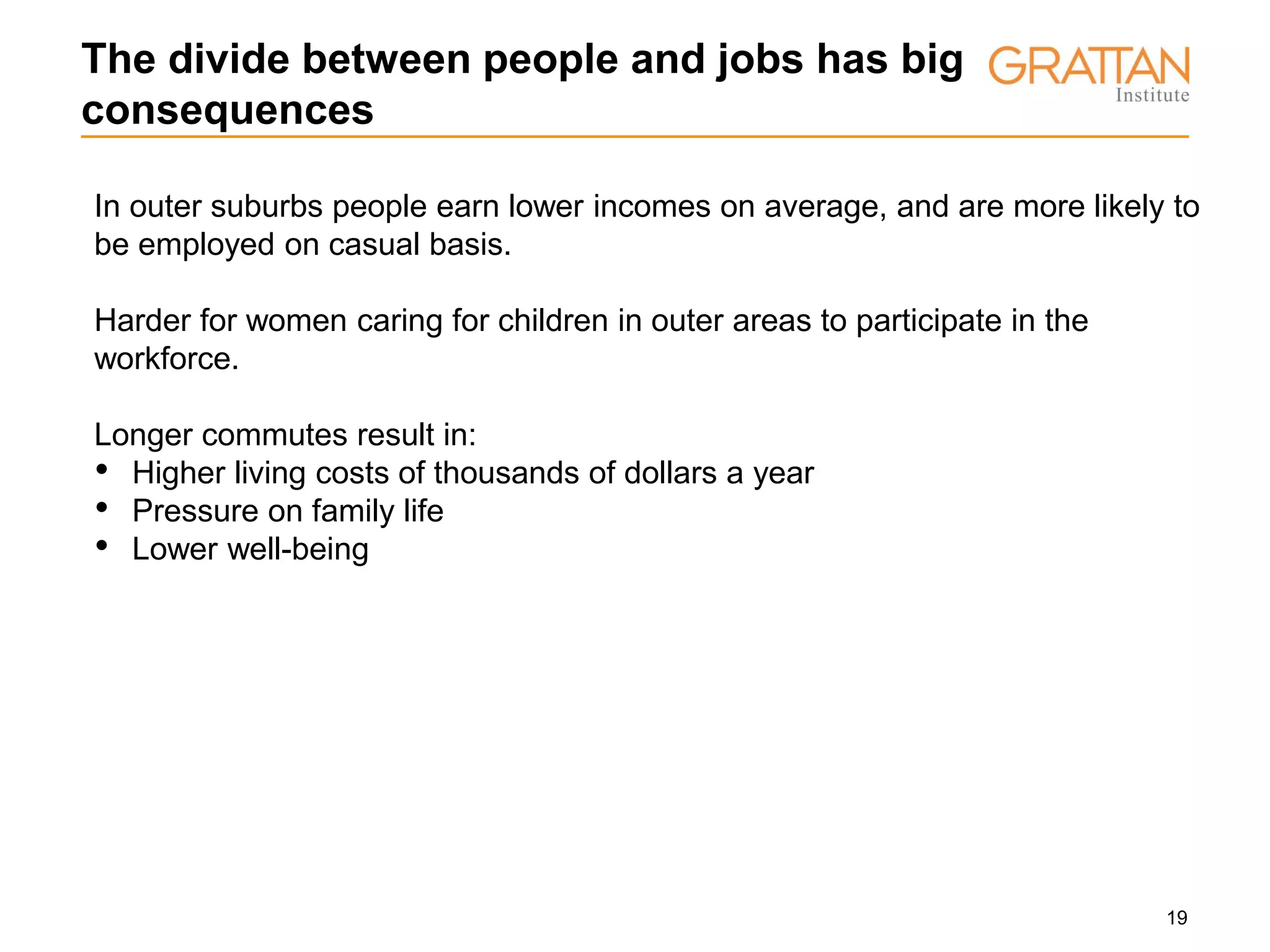 19
The divide between people and jobs has big
consequences
In outer suburbs people earn lower incomes on average, and are more likely to
be employed on casual basis.
Harder for women caring for children in outer areas to participate in the
workforce.
Longer commutes result in:
• Higher living costs of thousands of dollars a year
• Pressure on family life
• Lower well-being
 