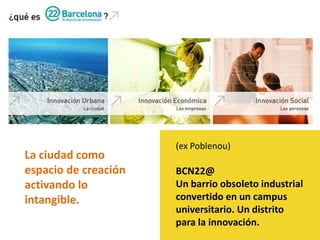 (ex Poblenou)BCN22@Un barrio obsoleto industrial convertido en un campus universitario. Un distrito para la innovación. La ciudad como espacio de creación activando lo intangible.