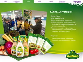 Event

Production &
Support

Promo

Digital

Design

Multimedia
production

Kuhne. Дегустация
Бренд: Kuhne
Дата: декабрь 2012
Услуга: организация дегустации
Задачи: расширить представленность
соусов в ТТ, повысить узнаваемость,
стимулировать сбыт
Решение: проведение дегустации
свежих салатов с заправками Kuhne,
сэмплинг пробников соуса
Результат:
•  увеличение продаж, повышение
лояльности и узнаваемости бренда

 