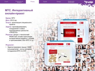 Event

Production &
Support

Promo

МТС. Интерактивный
онлайн-проект
Бренд: МТС
Дата: 2010 год
Услуга: организация специального
проекта
Задачи: проинформировать
сотрудников о новых
корпоративных ценностях
«ПРОСТО»
Решение: ресурс с технологией
WOW-Call, онлайн-трансляции,
интерактивные разделы с играми
и приложениями, блог МТС и т.д.
Результат:
•  Зарегистрировано свыше 12000
пользователей - почти половина
сотрудников МТС по СНГ

Digital

Design

Multimedia
production

 