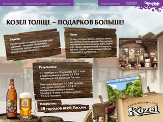 Event	
  department	
  

Support	
  department	
  

Promo	
  department	
  

Digital	
  department	
  

Design	
  department	
  

Mul6media	
  
produc6on	
  

 