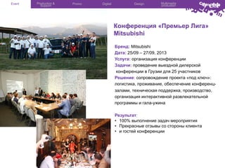 Event

Production &
Support

Promo

Digital

Design

Multimedia
production

Конференция «Премьер Лига»
Mitsubishi
Бренд: Mitsubishi
Дата: 25/09 – 27/09, 2013
Услуга: организация конференции
Задачи: проведение выездной дилерской
конференции в Грузии для 25 участников
Решение: сопровождение проекта «под ключ»:
логистика, проживание, обеспечение конференцзалами, техническая поддержка, производство,
организация интерактивной развлекательной
программы и гала-ужина
Результат:
•  100% выполнение задач мероприятия
•  Прекрасные отзывы со стороны клиента
•  и гостей конференции

 