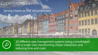 Copenhagen, Denmark
Serving Citizens as ONE city government
20 different case management systems being consolidated
into a single view, transforming citizen interaction and
reducing time and costs
 