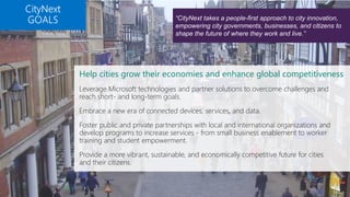6
Help cities grow their economies and enhance global competitiveness
Leverage Microsoft technologies and partner solutions to overcome challenges and
reach short- and long-term goals.
Embrace a new era of connected devices, services, and data.
Foster public and private partnerships with local and international organizations and
develop programs to increase services - from small business enablement to worker
training and student empowerment.
Provide a more vibrant, sustainable, and economically competitive future for cities
and their citizens.
“CityNext takes a people-first approach to city innovation,
empowering city governments, businesses, and citizens to
shape the future of where they work and live.”
 