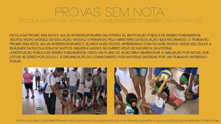 Escola dá provas sem nota e aulas interdisciplinares em Vitória, ES. Instituição pública de ensino fundamental
adotou novo modelo de educação. Modelo é permitido pelo Ministério da Educação, que reconheceu o trabalho.
Provas sem nota, aulas interdisciplinares e alunos mais velhos aprendendo com os mais novos. Desde 2012, essa é a
realidade da escola Edna de Mattos Siqueira Gaudio, no bairro Jesus de Nazareth, em Vitória.
A instituição pública de ensino fundamental criou um plano de ação para abandonar a avaliação por notas, sub-
stituir as séries por ciclos e a organização do conhecimento por matérias divididas por um trabalho interdisci-
plinar.
http://g1.globo.com/espirito-santo/educacao/notIcia/2016/03/escola-da-provas-sem-nota-e-aulas-interdisciplinares-em-vitoria.html
provas sem notaEscola dá provas sem nota e aulas interdisciplinares em Vitória, ES
 