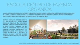 Escola dentro de fazenda
orgânica
http://www.thegreenestpost.com/conheca-a-escola-fazenda-sem-salas-de-aulas-ou-carteiras/
É fato: o modelo de aprender brincan-
do tem se espalhado mundo afora.
Crianças pequenas têm curiosidade
natural com tudo que é relacionado
à terra, plantas e animais. Por que
não se aproveitar disso para en-
siná-las matérias importantes ao
desenvolvimento, como química, bio-
logia, matemática e história? De
quebra, o amor e respeito ao meio
ambiente cresce junto com o pequeno
cidadão.
A ideia de conectar crianças à natureza enquanto aprendem lições fundamentais já é conhecida (e adorada) mun-
dialmente. Lembra da Green School Bali, que é feita de bambu e ensina permacultura aos alunos? Tem também a
escola suíça que fica, literalmente, em uma floresta, faça sol ou neve!
 