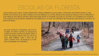 http://conexaoplaneta.com.br/blog/escola-da-floresta-educadora-compartilha-experiencia-em-palestra-em-sao-paulo/
escolas da floresta
A educadora Ana Carol Thomé acredita no poder da infância e da natureza. E promove encontros entre os dois
sempre: seja nas escolas onde trabalha ou nos parques na capital paulista nos quais se esbalda com os pequenos e
suas famílias, nos fins de semana. Nesta iniciativa, divide os prazeres de estar ao ar livre e na companhia de crianças –
com a bióloga e educadora ambiental Rita Mendonça. As duas são parceiras no programa Ser Criança é Natural, do
Instituto Romã.
Em suas leituras e pesquisas, um dia de-
scobriu as Forest School ou Escolas da
Floresta, muito comuns no Reino Unido, e
ficou encantada. Nelas, não há salas de
aula, nem paredes: tudo é feito ao ar
livre, o tempo todo. As crianças e a flor-
esta comandam as atividades.
 