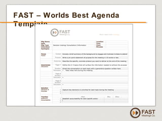 www.fastmeetings.com.au | +61 2 9502 2022 | Copyright © 2005-2012
FAST – Worlds Best Agenda
Template
 