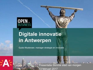 Digitale innovatie
in Antwerpen
Guido Muelenaer, manager strategie en innovatie
Presentatie Slimme stad van morgen
13 februari 2017
 