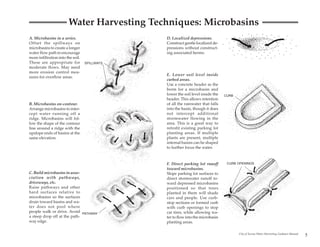 Water Harvesting Techniques: Microbasins
A. Microbasins in a series.                    D. Localized depressions.
Offset the spillways on                        Construct gentle localized de-
microbasins to create a longer                 pressions without construct-
water flow path to encourage                   ing associated berms.
more infiltration into the soil.
These are appropriate for          SPILLWAYS
moderate flows. May need
more erosion control mea-
                                               E. Lower soil level inside
sures for overflow areas.
                                               curbed areas.
                                               Use a concrete header as the
                                               berm for a microbasin and
                                               lower the soil level inside the   CURB
                                               header. This allows retention
B. Microbasins on-contour.                     of all the rainwater that falls
Arrange microbasins to inter-                  into the basin, though it does
cept water running off a                       not intercept additional
ridge. Microbasins will fol-                   stormwater flowing in the
low the shape of the contour                   area. This is a good way to
line around a ridge with the                   retrofit existing parking lot
upslope ends of basins at the                  planting areas. If multiple
same elevation.                                plants are present, multiple
                                               internal basins can be shaped
                                               to further focus the water.



                                               F. Direct parking lot runoff       CURB OPENINGS
                                               toward microbasins.
C. Build microbasins in asso-                  Slope parking lot surfaces to
ciation with pathways,                         direct stormwater runoff to-
driveways, etc.                                ward depressed microbasins
Raise pathways and other                       positioned so that trees
hard surfaces relative to                      planted in them will shade
microbasins so the surfaces                    cars and people. Use curb-
drain toward basins and wa-                    stop sections or formed curb
ter does not pool where                        with curb openings to stop
people walk or drive. Avoid PATHWAY            car tires, while allowing wa-
a steep drop off at the path-                  ter to flow into the microbasin
way edge.                                      planting areas.

                                                                                        City of Tucson Water Harvesting Guidance Manual
                                                                                                                                          5
 