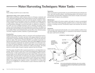 Water Harvesting Techniques: Water Tanks
     Goal                                                                              Vegetation
     Store rooftop runoff for use at a later time.                                     Areas around above-ground tanks can provide beneficial microclimates for
                                                                                       heat- and cold-sensitive plants. Avoid placing plants with intrusive roots
     Appropriate siting, water volume and slope                                        around below-ground tanks. Vegetation can be used to visually screen above-
     Water tanks (sometimes called cisterns) come in all shapes, materials and         ground tanks to improve site aesthetics.
     sizes. Determine appropriate tank volume based on roof area, rainfall, down-
     spout location, available space, water uses and site-specific conditions. Tanks   Maintenance
     need to be placed on level pads in areas not vulnerable to settling, erosion      Periodically inspect all screens, gutters and tanks to remove accumulated
     or slope failure. Tanks should be located at least 10 feet from a building to     debris. Check tanks following major rainfall events to verify that overflow
     avoid foundation damage in case the tank leaks. In addition to storing wa-        system is working correctly. Periodically inspect and maintain the interior
     ter, tanks can serve multiple functions such as shading, providing visual         of tanks.
     screens, and moderating hot and cold temperature extremes. The higher on
     the site above-ground tanks are located, the more gravity-feed pressure will      Variations
     be available. Water can be distributed by gravity flow or by a booster pump       Tanks can be constructed individually or in a series with the overflow from
     via hoses, irrigation systems, channels, or perforated pipes.                     one tank filling the adjoining tank, or connected at the bottom to maintain
                                                                                       the same water level in all tanks.
     Construction
     Prefabricated tanks of plastic, metal, or concrete can be purchased and in-                              DOWNSPOUT DEBRIS SCREEN
     stalled professionally. Securely cap tanks with opaque material to prevent
     evaporation, mosquito breeding, and algae growth. Lock all caps and entry
     ports for safety. The interior of tanks should be accessible for periodic in-                                  GUTTER
                                                                                             LOCKING
     spection and maintenance. Downspouts, inlets and outlets must be screened
                                                                                             REMOVABLE              ALTERNATIVE
     to keep mosquitoes (Appendix E), animals and debris out of the tank. Gut-               LID OR ENTRY           FILL PIPE
     ters must be cleaned regularly. Position outlet pipes several inches above              PORTS
     the bottom of the tank to allow sediment to settle in the bottom. All tanks
     need an overflow pipe of equal or greater capacity than the fill pipe.
                                                                                       OVERFLOW PIPE
     Overflow pipes should be able to operate passively (i.e. not dependent on a
     pump). Route overflow water into a water harvesting basin, adjacent tank,
     French drain, or other useful location away from buildings. Water in above-
                                                                                                                                                  R
     ground tanks can be delivered by gravity flow alone to low-pressure uses                                                                  ATE
                                                                                                                                            GRE
                                                                                                          TANK                         T OR
     nearby. Below-ground tanks save land area, but require substantially more                                                 10   FEE

     construction. A booster pump can be added to hook tanks into an irrigation
     system. Tank water should be filtered as it enters irrigation lines to keep
                                                                                                                                                FILL PIPE
     debris from plugging the irrigation system. Calculations for sizing tanks
     are shown in Appendix C and discussed in some references listed in Ap-
     pendix G.                                                                                     HOSE BIB      NOTE: IN THIS CONFIGURATION, WATER WILL POOL IN THE U-SHAPED
                                                                                                                 FILL PIPE AND WILL BACKUP IN THE DOWN-SPOUT TO A HEIGHT EQUAL
                                                                                                                 TO THE HEIGHT OF WATER IN THE TANK. INSTALL WATER-TIGHT SEALS
                                                                                                                 TO PREVENT LEAKS.




14   City of Tucson Water Harvesting Guidance Manual
 
