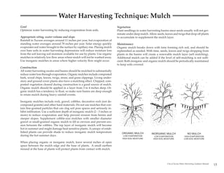 Water Harvesting Technique: Mulch
Goal                                                                             Vegetation
Optimize water harvesting by reducing evaporation from soils.                    Plant seedlings in water harvesting basins since seeds usually will not ger-
                                                                                 minate under deep mulch. Allow seeds, leaves and twigs that drop off plants
Appropriate siting, water volume and slope                                       to accumulate to supplement the mulch layer.
Rainfall in Tucson averages around 11 inches per year, but evaporation of
standing water averages around 78 inches per year. Solar energy quickly          Maintenance
evaporates soil water brought to the surface by capillary rise. Placing mulch    Organic mulch breaks down with time forming rich soil, and should be
over bare soils in water harvesting depressions will reduce moisture loss        replenished as needed. With time, seeds, leaves and twigs dropping from
from the soil leaving soil moisture available for use by plants. Use organic     plants in the basins will create a renewable mulch layer (self mulching).
mulches in relatively low flow areas where mulch will not be washed away.        Additional mulch can be added if the level of self-mulching is not suffi-
Use inorganic mulches in areas where higher velocity flow might occur.           cient. Both inorganic and organic mulch should be periodically maintained
                                                                                 to keep soils covered.
Construction
All water harvesting swales and basins should be mulched to substantially
reduce water loss through evaporation. Organic mulches include composted
bark, wood chips, leaves, twigs, straw, and grass clippings. Living under-
story and ground cover plants also have a mulching effect. Chipped, com-
posted vegetation cleared during construction is a good source of mulch.
Organic mulch should be applied in a layer from 3 to 4 inches deep. Or-
ganic mulch has a tendency to float, so make sure basins are deep enough
to retain mulch during heavy rainfall events.

Inorganic mulches include rock, gravel, cobbles, decorative rock (not de-
composed granite) and other hard materials. Do not use mulches that con-
tain fine-grained particles that can clog soil pore spaces and seriously in-
hibit infiltration. Use a sufficient depth of inorganic mulch (2 - 3 inches or
more) to reduce evaporation and help prevent erosion from berms and
steeper slopes. Supplement cobble-size mulches with smaller diameter
gravel or small-grained organic mulch to fill in crevices and prevent ero-
sion between the cobbles. The top layer of inorganic mulch will become
hot in summer and might damage heat sensitive plants. A canopy of estab-
lished plants can provide shade to reduce inorganic mulch temperature                ORGANIC MULCH           INORGANIC MULCH                     NO MULCH
during the hot summer days.                                                           LOW EVAPORATION           LOW EVAPORATION              HIGH EVAPORATION
                                                                                     HIGH SOIL MOISTURE        HIGH SOIL MOISTURE            LOW SOIL MOISTURE
When placing organic or inorganic mulch, leave several inches of open
space between the mulch edge and the base of plants. A small earthen
mound at the base of plants will protect plants from contact with mulch.




                                                                                                                           City of Tucson Water Harvesting Guidance Manual
                                                                                                                                                                             15
 