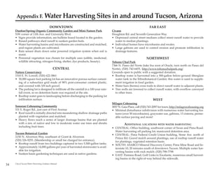 Appendix F. Water Harvesting Sites in and around Tucson, Arizona

                                           DOWNTOWN                                                                    FAR EAST
     Dunbar/Spring Organic Community Garden and Mini-Nature Park                        Civano
     NW corner of 11th Ave. and University Blvd.                                        Houghton Rd. and Seventh Generation Way
     • Signs provide information, see bulletin board located in the garden.             • Depressed central street medians collect street runoff water to provide
     • Raised pathways shed runoff to sunken garden beds.                                 water to median plantings.
     • Water harvesting basins and microbasins are constructed and mulched,             • Individual homes have microbasins and swales.
       arid-region plants are cultivated.                                               • Large gabions are used to control erosion and promote infiltration in
     • Rain sensor shuts down solar powered irrigation system when soil is                drainage features.
       moist.
     • Perennial vegetation was chosen for multiple uses (edible, medicinal,                                         NORTHWEST
       wildlife attracting, nitrogen-fixing, shelter, dye products, beauty).            Tohono Chul Park
                                                                                        7366 N. Paseo del Norte (take Ina west of Oracle, turn north on Paseo del
                                               CENTRAL                                  Norte), (520) 742-6455, http://www.tohonochulpark.org/
     Nature Conservancy                                                                 Grounds open to public with a suggested donation.
     1510 E. Ft. Lowell, (520) 622-3861                                                 • Rooftop water is harvested into a 500-gallon below-ground fiberglass
     • 30,000 square foot parking lot has an innovative porous surface consist-           water tank in the Ethnobotanical Garden; this water is used to supple-
       ing of a subsurface grid made of 98% post-consumer content plastic,                ment irrigation in food garden.
       and covered with 3/8 inch gravel.                                                • Water bars (berms) cross trails to direct runoff water to adjacent plants.
     • The parking lot is designed to infiltrate all the rainfall in a 100-year rain-   • Tree wells are lowered to collect runoff water, with overflow conveyed
       fall event, so no detention basin was required at the site.                        to other trees.
     • Rooftop water goes to landscaping before discharging to the parking lot
       infiltration surface.                                                                                              WEST
                                                                                        Milagro Cohousing
     Sonoran Cohousing Community                                                        3057 N. Gaia Place, call (520) 743-2097 for tours, http://milagrocohousing.org
     531 E. Roger Rd., just east of First Avenue                                        • Minimal disturbance subdivision with numerous water harvesting fea-
     • Roof runoff is initially directed into meandering shallow drainage paths           tures (over 50 microbasins), graywater use, gabions, 13 cisterns, perme-
       planted with vegetation and mulched.                                               able surface paving and more!
     • Heavy flows reach a series of larger drainage basins that are planted
       with a mix of native and low to moderate water use trees and shrubs                        ADDITIONAL LOCATIONS WITH WATER HARVESTING
       including fruit trees.                                                           • CENTRAL: Office building, southwest corner of Swan and Pima Road.
                                                                                          Water harvesting off parking lot; manicured detention area.
     Tucson Botanical Garden                                                            • CENTRAL: Pima Federal Credit Union building, Stone Ave. north of
     2150 N. Alvernon Way, southeast of Grant & Alvernon                                  Prince Rd. Gravel mulch around plantings, use of rooftop runoff water
     (520) 326-9255. (Membership or small fee charged for entrance).                      for plantings, vegetated retention basin.
     • Rooftop runoff from two buildings captured in two 5,500-gallon tanks.            • SOUTH: ASARCO Mineral Discovery Center, Pima Mine Road and In-
     • Approximately 14,000 gallons per year of harvested stormwater is avail-            terstate 10, 20 minutes south of downtown Tucson. Multiple water har-
        able for irrigation.                                                              vesting basins with rock mulch. (520) 798-7798
     • Sunken basin gardening techniques are used in native gardens.                    • EAST: Pantano Road, Golf Links to Escalante, numerous small harvest-
                                                                                          ing basins in the right-of-way behind the sidewalk.

34   City of Tucson Water Harvesting Guidance Manual
 