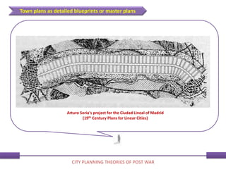 Town plans as detailed blueprints or master plans
CITY PLANNING THEORIES OF POST WAR
Arturo Soria's project for the Ciudad Lineal of Madrid
(19th Century Plans for Linear Cities)
 