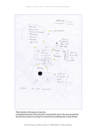 ENBE | Final Project | Part A – Report | The Future City Representation
	
  
Moy Chin Hoong | 0314014 | Group w | FNBE April 2013 | Taylor’s University
	
  
	
  
/4V ou f
6 *na'rt sfc,i"*{
'3 /.LL.A 
6 / a_<_h-| ,
E;.oaa!11*
Qtwafirl
TL^,fi*
7ufu /"
Oor/tey' ai*
flr" aovz
U /0v11
t 7un,tt / or/'
hd I A/A!
fu ooutt/
a4 fu6
bdit
d
9oU
- 
ta4oa/.,i1 ",
,l
,. Qn a/"r
Flte{"uE {
Qrnr*o $*
LY
uo{r^
t4rl,hZ
},
,r-l_/ tr .,.
/
.1
K
l,/{ rtt
*U -ury*r r/
M{t , -f
Z* 4" ait-
44*"t {6 nN0 ,atdytal<i,rn
kla,n V*n
. &u!,'4ttt 4rlq
. Qonra.a,t*l &*tAqu
'€ut*n,
Third	
  sketch	
  of	
  the	
  layout	
  of	
  my	
  city.	
  
I	
  changed	
  the	
  layout	
  of	
  my	
  city	
  into	
  3	
  main	
  blocks	
  due	
  to	
  the	
  area	
  needed	
  for	
  
the	
  previous	
  layout	
  is	
  too	
  big.	
  So	
  I	
  converted	
  everything	
  into	
  3	
  main	
  blocks.	
  	
  
 