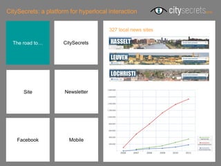 CitySecrets: a platform for hyperlocal interaction

                                       327 local news sites

  The road to…       CitySecrets




      Site            Newsletter




    Facebook           Mobile
 
