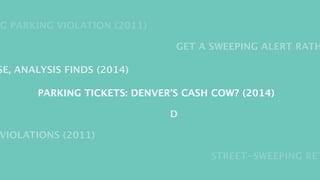 SWEEPING PARKING VIOLATION (2011) 
GET A SWEEPING ALERT RATHER RISE, ANALYSIS FINDS (2014) 
PARKING TICKETS: DENVER'S CASH COW? (2014) 
D 
SWEEPING VIOLATIONS (2011) 
STREET-SWEEPING RETURNS  