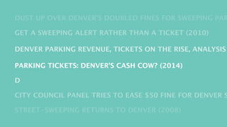 DUST UP OVER DENVER'S DOUBLED FINES FOR SWEEPING PARKING GET A SWEEPING ALERT RATHER THAN A TICKET (2010) 
DENVER PARKING REVENUE, TICKETS ON THE RISE, ANALYSIS PARKING TICKETS: DENVER'S CASH COW? (2014) 
D 
CITY COUNCIL PANEL TRIES TO EASE $50 FINE FOR DENVER STREET-SWEEPING RETURNS TO DENVER (2008) 
 