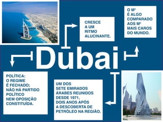 o m2
                                           É aLgo
                                           ComparaDo
                             CreSCe        aoS m2
                             a um          maIS CaroS
                             rItmo         Do munDo.
                             aLuCInante.




poLítICa:
o regIme
           Dubai
É FeCHaDo;       um DoS
não Há partIDo   Sete emIraDoS
poLítICo         árabeS reunIDoS
nem opoSIção     DeSDe 1971,
ConStItuíDa.     DoIS anoS apóS
                 a DeSCoberta De
                 petróLeo na regIão.
 