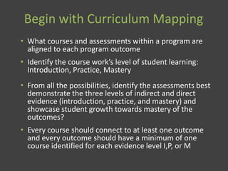 Begin with Curriculum Mapping
• What courses and assessments within a program are
aligned to each program outcome
• Identify the course work’s level of student learning:
Introduction, Practice, Mastery
• From all the possibilities, identify the assessments best
demonstrate the three levels of indirect and direct
evidence (introduction, practice, and mastery) and
showcase student growth towards mastery of the
outcomes?
• Every course should connect to at least one outcome
and every outcome should have a minimum of one
course identified for each evidence level I,P, or M
 