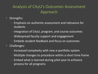 Analysis of CityU’s Outcomes Assessment
Approach
• Strengths:
– Emphasis on authentic assessment and relevance for
students
– Integration of CityU, program, and course outcomes
– Widespread faculty support and engagement
– Embeds student feedback and focus on outcomes
• Challenges:
– Increased complexity with new e-portfolio system
– Multiple changes to procedure within a short time frame
– Embed what is learned during pilot year to enhance
process for all programs
 