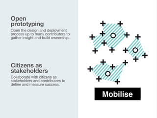Open the design and deployment
process up to many contributors to
gather insight and build ownership.

Open  
prototyping
Collaborate with citizens as
stakeholders and contributors to
define and measure success.

Citizens as
stakeholders
Mobilise
 
