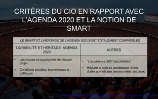 CRITÈRES DU CIO EN RAPPORT AVEC
L'AGENDA 2020 ET LA NOTION DE
SMART
http://www.olympic.org/Documents/Reference_documents_Factsheets/2020-Election_de_la_ville_hote.pdf
LE SMART ET L'HÉRITAGE DE L'AGENDA 2020 SONT TOTALEMENT COMPATIBLES
DURABILITÉ ET HÉRITAGE AGENDA
2020
AUTRES
• Les risques et opportunités de chaque
projet
• Conditions sociales, économiques et
politiques
• “L’expérience 360° des athlètes”
• Réduire le coût de candidature (éviter
d’aller au-delà des besoins réels des Jeux)
 