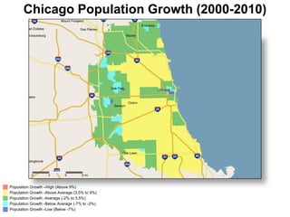 Population Growth -Low (Below -7%)
Population Growth -Below Average (-7% to -2%)
Population Growth -Average (-2% to 3.5%)
Population Growth -Above Average (3.5% to 9%)
Population Growth –High (Above 9%)
Chicago Population Growth (2000-2010)
 