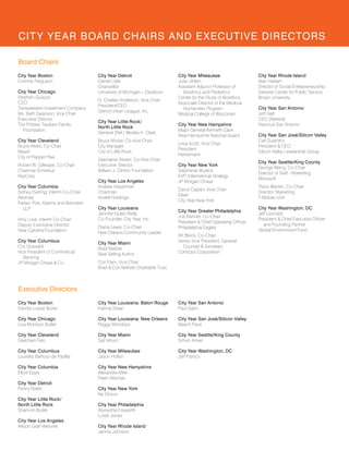 CIT Y YEAR BOARD CHAIRS AnD EXECUTIVE DIRECTORS

Board Chairs
City Year Boston                   City Year Detroit                      City Year Milwaukee                   City Year Rhode Island
Corinne Ferguson                   Daniel Little                          Julia Uihlein                         Alan Harlam
                                   Chancellor                             Assistant Adjunct Professor of        Director of Social Entrepreneurship
City Year Chicago                  University of Michigan – Dearborn         Bioethics and Pediatrics           Swearer Center for Public Service
Stephen Quazzo                                                            Center for the Study of Bioethics     Brown University
                                   N. Charles Anderson, Vice Chair
CEO                                                                       Associate Director of the Medical
                                   President/CEO
Transwestern Investment Company                                              Humanities Program                 City Year San Antonio
                                   Detroit Urban League, Inc.
Ms. Beth Swanson, Vice Chair                                              Medical College of Wisconsin          Jeff Galt
Executive Director                                                                                              CEO (Retired)
                                   City Year Little Rock/
The Pritzker Traubert Family                                              City Year new Hampshire               Harcourt San Antonio
                                   north Little Rock
   Foundation                                                             Major General Kenneth Clark
                                   General (Ret.) Wesley K. Clark
                                                                          New Hampshire National Guard          City Year San José/Silicon Valley
City Year Cleveland                Bruce Moore, Co-Vice Chair                                                   Carl Guardino
                                                                          Lesa Scott, Vice Chair
Bruce Akers, Co-Chair              City Manager                                                                 President & CEO
                                                                          President
Mayor                              City of Little Rock                                                          Silicon Valley Leadership Group
                                                                          Heinemann
City of Pepper Pike
                                   Stephanie Streett, Co-Vice Chair
                                                                                                                City Year Seattle/King County
Robert W. Gillespie, Co-Chair      Executive Director                     City Year new York
                                                                                                                George Meng, Co-Chair
Chairman Emeritus                  William J. Clinton Foundation          Stephanie Mudick
                                                                                                                Director of Staff - Marketing
KeyCorp                                                                   EVP, International Strategy
                                                                                                                Microsoft
                                   City Year Los Angeles                  JP Morgan Chase
City Year Columbia                 Andrew Hauptman                                                              Travis Warren, Co-Chair
                                                                          David Caplan, Vice Chair
Sidney Evering, Interim Co-Chair   Chairman                                                                     Director, Marketing
                                                                          Dean
Attorney                           Andell Holdings                                                              T-Mobile USA
                                                                          City Year New York
Parker, Poe, Adams and Bernstein
   LLP                             City Year Louisiana                                                          City Year Washington, DC
                                                                          City Year Greater Philadelphia
                                   Jennifer Eplett-Reilly                                                       Jeff Leonard
                                                                          Joe Banner, Co-Chair
Amy Love, Interim Co-Chair         Co-Founder, City Year, Inc.                                                  President & Chief Executive Officer
                                                                          President & Chief Operating Officer
Deputy Exectutive Director                                                                                         and Founding Partner
                                   Diana Lewis, Co-Chair                  Philadelphia Eagles
New Carolina Foundation                                                                                         Global Environment Fund
                                   New Orleans Community Leader
                                                                          Art Block, Co-Chair
City Year Columbus                 City Year Miami                        Senior Vice President, General
Cris Gossard                       Brad Meltzer                              Counsel & Secretary
Vice President of Commercial       Best Selling Author                    Comcast Corporation
   Banking
JP Morgan Chase & Co.              Cori Flam, Vice Chair
                                   Brad & Cori Meltzer Charitable Trust



Executive Directors
City Year Boston                   City Year Louisiana: Baton Rouge       City Year San Antonio
Sandra Lopez Burke                 Katrina Shaw                           Paul Garro

City Year Chicago                  City Year Louisiana: new Orleans       City Year San José/Silicon Valley
Lisa Morrison Butler               Peggy Mendoza                          Beach Pace

City Year Cleveland                City Year Miami                        City Year Seattle/King County
Gretchen Faro                      Saif Ishoof                            Simon Amiel

City Year Columbus                 City Year Milwaukee                    City Year Washington, DC
Lourdes Barroso de Padilla         Jason Holton                           Jeff Franco

City Year Columbia                 City Year new Hampshire
Elliott Epps                       Alexandra Allen
                                   Pawn Nitichan
City Year Detroit
Penny Bailer                       City Year new York
                                   Itai Dinour
City Year Little Rock/
north Little Rock                  City Year Philadelphia
Shannon Butler                     Wyneshia Foxworth
                                   Loree Jones
City Year Los Angeles
Allison Graff-Weisner              City Year Rhode Island
                                   Jennie Johnson
 