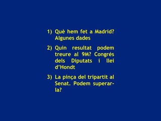 Què hem fet a Madrid? Algunes dades Quin resultat podem treure al 9M? Congrés dels Diputats i llei d’Hondt La pinça del tripartit al Senat. Podem superar-la? 