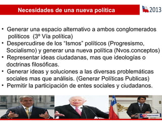 Necesidades de una nueva política Generar una espacio alternativo a ambos conglomerados políticos  (3º Vía política) Despercudirse de los “Ismos” políticos (Progresismo,  Socialismo) y generar una nueva política (Nvos.conceptos) Representar ideas ciudadanas, mas que ideologías o  doctrinas filosóficas. Generar ideas y soluciones a las diversas problemáticas  sociales mas que análisis. (Generar Políticas Publicas) Permitir la participación de entes sociales y ciudadanos.  