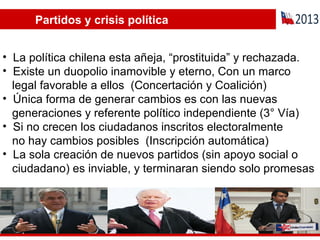 Partidos y crisis política La política chilena esta añeja, “prostituida” y rechazada. Existe un duopolio inamovible y eterno, Con un marco legal favorable a ellos  (Concertación y Coalición) Única forma de generar cambios es con las nuevas generaciones y referente político independiente (3° Vía)  Si no crecen los ciudadanos inscritos electoralmente no hay cambios posibles  (Inscripción automática) La sola creación de nuevos partidos (sin apoyo social o ciudadano) es inviable, y terminaran siendo solo promesas  