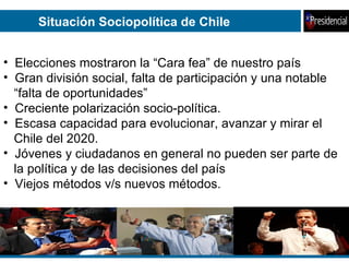 Situación Sociopolítica de Chile Elecciones mostraron la “Cara fea” de nuestro país Gran división social, falta de participación y una notable  “ falta de oportunidades” Creciente polarización socio-política. Escasa capacidad para evolucionar, avanzar y mirar el  Chile del 2020. Jóvenes y ciudadanos en general no pueden ser parte de la política y de las decisiones del país Viejos métodos v/s nuevos métodos. 