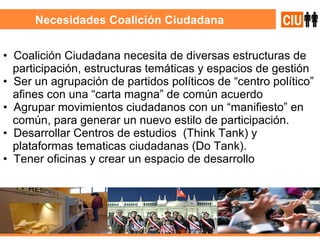 Necesidades Coalición Ciudadana Coalición Ciudadana necesita de diversas estructuras de participación, estructuras temáticas y espacios de gestión Ser un agrupación de partidos políticos de “centro político” afines con una “carta magna” de común acuerdo Agrupar movimientos ciudadanos con un “manifiesto” en común, para generar un nuevo estilo de participación.  Desarrollar Centros de estudios  (Think Tank) y  plataformas tematicas ciudadanas (Do Tank).  Tener oficinas y crear un espacio de desarrollo  