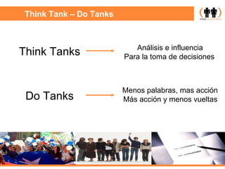 Think Tank – Do Tanks Think Tanks Do Tanks Menos palabras, mas acción Más acción y menos vueltas   Análisis e influencia Para la toma de decisiones   