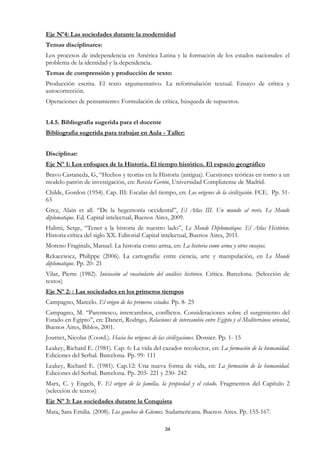 Eje Nº4: Las sociedades durante la modernidad
Temas disciplinares:
Los procesos de independencia en América Latina y la formación de los estados nacionales: el
problema de la identidad y la dependencia.
Temas de comprensión y producción de texto:
Producción escrita. El texto argumentativo. La reformulación textual. Ensayo de crítica y
autocorrección.
Operaciones de pensamiento: Formulación de crítica, búsqueda de supuestos.


1.4.5. Bibliografía sugerida para el docente
Bibliografía sugerida para trabajar en Aula - Taller:


Disciplinar:
Eje Nº 1: Los enfoques de la Historia. El tiempo histórico. El espacio geográfico
Bravo Castaneda, G, “Hechos y teorías en la Historia (antigua). Cuestiones teóricas en torno a un
modelo patrón de investigación, en: Revista Gerión, Universidad Complutense de Madrid.
Childe, Gordon (1954). Cap. III: Escalas del tiempo, en: Los orígenes de la civilización. FCE. Pp. 51-
63
Grez, Alain et all. “De la hegemonía occidental”, El Atlas III. Un mundo al revés. Le Monde
diplomatique. Ed. Capital intelectual, Buenos Aires, 2009.
Halimi, Serge, “Tener a la historia de nuestro lado”, Le Monde Diplomatique. El Atlas Histórico.
Historia crítica del siglo XX. Editorial Capital intelectual, Buenos Aires, 2011.
Moreno Fraginals, Manuel. La historia como arma, en: La historia como arma y otros ensayos.
Rekacewicz, Philippe (2006). La cartografía: entre ciencia, arte y manipulación, en Le Monde
diplomatique. Pp. 20- 21
Vilar, Pierre (1982). Iniciación al vocabulario del análisis histórico. Crítica. Barcelona. (Selección de
textos)
Eje Nº 2: : Las sociedades en los primeros tiempos
Campagno, Marcelo. El origen de los primeros estados. Pp. 8- 25
Campagno, M. “Parentesco, intercambios, conflictos. Consideraciones sobre el surgimiento del
Estado en Egipto”, en: Daneri, Rodrigo, Relaciones de intercambio entre Egipto y el Mediterráneo oriental,
Buenos Aires, Biblos, 2001.
Journet, Nicolas (Coord.). Hacia los orígenes de las civilizaciones. Dossier. Pp. 1- 15
Leakey, Richard E. (1981). Cap. 6: La vida del cazador recolector, en: La formación de la humanidad.
Ediciones del Serbal. Barcelona. Pp. 99- 111
Leakey, Richard E. (1981). Cap.12: Una nueva forma de vida, en: La formación de la humanidad.
Ediciones del Serbal. Barcelona. Pp. 203- 221 y 230- 242
Marx, C. y Engels, F. El origen de la familia, la propiedad y el estado. Fragmentos del Capítulo 2
(selección de textos)
Eje Nº 3: Las sociedades durante la Conquista
Mata, Sara Emilia. (2008). Los gauchos de Güemes. Sudamericana. Buenos Aires. Pp. 155-167.

                                                     34
 