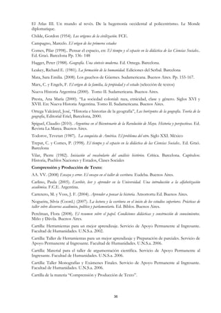 El Atlas III. Un mundo al revés. De la hegemonía occidental al policentrismo. Le Monde
diplomatique.
Childe, Gordon (1954). Los orígenes de la civilización. FCE.
Campagno, Marcelo. El origen de los primeros estados
Comes, Pilar (1998).. Pensar el espacio, en: El tiempo y el espacio en la didáctica de las Ciencias Sociales..
Ed. Graó. Barcelona Pp. 136- 148
Hagget, Peter (1988). Geografía. Una síntesis moderna. Ed. Omega. Barcelona.
Leakey, Richard E. (1981). La formación de la humanidad. Ediciones del Serbal. Barcelona
Mata, Sara Emilia. (2008). Los gauchos de Güemes. Sudamericana. Buenos Aires. Pp. 155-167.
Marx, C. y Engels, F. El origen de la familia, la propiedad y el estado (selección de textos)
Nueva Historia Argentina (2000). Tomo II. Sudamericana. Buenos Aires.
Presta, Ana María (2000). “La sociedad colonial: raza, etnicidad, clase y género. Siglos XVI y
XVII. En: Nueva Historia Argentina. Tomo II. Sudamericana. Buenos Aires.
Ortega Valcárcel, José, “Historia e historias de la geografía”, Los horizontes de la geografía. Teoría de la
geografía, Editorial Eriel, Barcelona, 2000.
Spiguel, Claudio (2010). Argentina en el Bicentenario de la Revolución de Mayo. Historia y perspectivas. Ed.
Revista La Marea. Buenos Aires.
Todorov, Tzvetan (1987). La conquista de América. El problema del otro. Siglo XXI. México
Trepat, C. y Comes, P. (1998). El tiempo y el espacio en la didáctica de las Ciencias Sociales.. Ed. Graó.
Barcelona
Vilar, Pierre (1982). Iniciación al vocabulario del análisis histórico. Crítica. Barcelona. Capítulos:
Historia, Pueblos Naciones y Estados, Clases Sociales
Comprensión y Producción de Texto:
AA. VV. (2008) Ensayo y error. El ensayo en el taller de escritura. Eudeba. Buenos Aires.
Carlino, Paula (2005). Escribir, leer y aprender en la Universidad. Una introducción a la alfabetización
académica. F.C.E. Argentina.
Carretero, M. y Voss, J. F. (2004). Aprender a pensar la historia. Amorrortu Ed. Buenos Aires.
Nogueira, Silvia (Coord.) (2007). La lectura y la escritura en el inicio de los estudios superiores. Prácticas de
taller sobre discursos académico, político y parlamentario. Ed. Biblos. Buenos Aires.
Perelman, Flora (2008). El resumen sobre el papel. Condiciones didácticas y construcción de conocimientos.
Miño y Dávila. Buenos Aires.
Cartilla: Herramientas para un mejor aprendizaje. Servicio de Apoyo Permanente al Ingresante.
Facultad de Humanidades. U.N.S.a. 2002.
Cartilla: Taller de Herramientas para un mejor aprendizaje y Preparación de parciales. Servicio de
Apoyo Permanente al Ingresante. Facultad de Humanidades. U.N.S.a. 2006.
Cartilla: Material para el taller de argumentación científica. Servicio de Apoyo Permanente al
Ingresante. Facultad de Humanidades. U.N.S.a. 2006.
Cartilla: Taller Monografías y Exámenes Finales. Servicio de Apoyo Permanente al Ingresante.
Facultad de Humanidades. U.N.S.a. 2006.
Cartilla de la materia “Comprensión y Producción de Texto”.



                                                       36
 