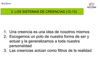 3. LOS SISTEMAS DE CREENCIAS (12-13)
1. Una creencia es una idea de nosotros mismos
2. Escogemos un polo de nuestra forma de ser y
actuar y la generalizamos a toda nuestra
personalidad
3. Las creencias actúan como filtros de la realidad
 