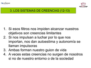 3. LOS SISTEMAS DE CREENCIAS (12-13)
1. Si esos filtros nos impiden alcanzar nuestros
objetivos son creencias limitantes
2. Si nos impulsan a luchar por lo que nos
importan, nos dan autoestima y autonomía se
llaman impulsoras
3. Ambas forman nuestro guion de vida
4. A veces estas creencias no surgen de nosotros
si no de nuestro entorno o de la sociedad
 