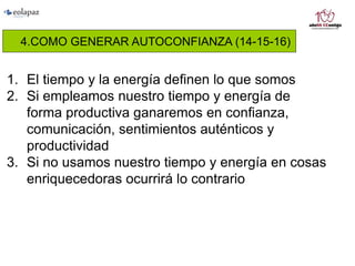 4.COMO GENERAR AUTOCONFIANZA (14-15-16)
1. El tiempo y la energía definen lo que somos
2. Si empleamos nuestro tiempo y energía de
forma productiva ganaremos en confianza,
comunicación, sentimientos auténticos y
productividad
3. Si no usamos nuestro tiempo y energía en cosas
enriquecedoras ocurrirá lo contrario
 