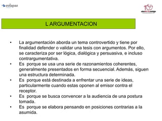 L ARGUMENTACION
• La argumentación aborda un tema controvertido y tiene por
finalidad defender o validar una tesis con argumentos. Por ello,
se caracteriza por ser lógica, dialógica y persuasiva, e incluso
contrargumentativa.
• Es porque se usa una serie de razonamientos coherentes,
generalmente presentados en forma secuencial. Además, siguen
una estructura determinada.
• Es porque está destinada a enfrentar una serie de ideas,
particularmente cuando estas oponen al emisor contra el
receptor.
• Es porque se busca convencer a la audiencia de una postura
tomada.
• Es porque se elabora pensando en posiciones contrarias a la
asumida.
 