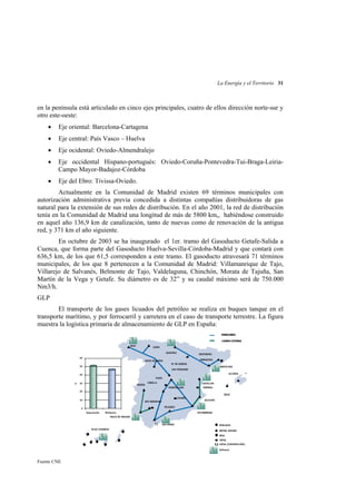 La Energía y el Territorio 31

en la península está articulado en cinco ejes principales, cuatro de ellos dirección norte-sur y
otro este-oeste:
•

Eje oriental: Barcelona-Cartagena

•

Eje central: País Vasco – Huelva

•

Eje ocidental: Oviedo-Almendralejo

•

Eje occidental Hispano-portugués: Oviedo-Coruña-Pontevedra-Tui-Braga-LeiriaCampo Mayor-Badajoz-Córdoba

•

Eje del Ebro: Tivissa-Oviedo.

Actualmente en la Comunidad de Madrid existen 69 términos municipales con
autorización administrativa previa concedida a distintas compañías distribuidoras de gas
natural para la extensión de sus redes de distribución. En el año 2001, la red de distribución
tenía en la Comunidad de Madrid una longitud de más de 5800 km,, habiéndose construido
en aquel año 136,9 km de canalización, tanto de nuevas como de renovación de la antigua
red, y 371 km el año siguiente.
En octubre de 2003 se ha inaugurado el 1er. tramo del Gasoducto Getafe-Salida a
Cuenca, que forma parte del Gasoducto Huelva-Sevilla-Córdoba-Madrid y que contará con
636,5 km, de los que 61,5 corresponden a este tramo. El gasoducto atravesará 71 términos
municipales, de los que 8 pertenecen a la Comunidad de Madrid: Villamanrique de Tajo,
Villarejo de Salvanés, Belmonte de Tajo, Valdelaguna, Chinchón, Morata de Tajuña, San
Martín de la Vega y Getafe. Su diámetro es de 32” y su caudal máximo será de 750.000
Nm3/h.
GLP
El transporte de los gases licuados del petróleo se realiza en buques tanque en el
transporte marítimo, y por ferrocarril y carretera en el caso de transporte terrestre. La figura
muestra la logística primaria de almacenamiento de GLP en España:

Fuente CNE

 