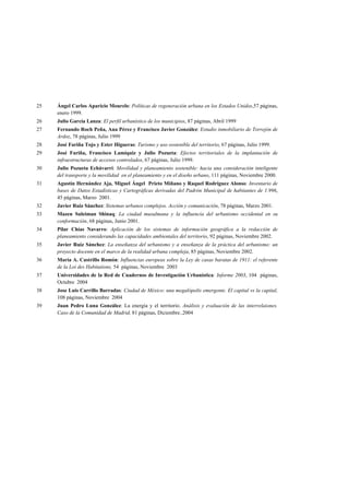 25

Ángel Carlos Aparicio Mourelo: Políticas de regeneración urbana en los Estados Unidos,57 páginas,
enero 1999.

26

Julio García Lanza: El perfil urbanístico de los municipios, 87 páginas, Abril 1999

27

Fernando Roch Peña, Ana Pérez y Francisco Javier González: Estudio inmobiliario de Torrejón de
Ardoz, 78 páginas, Julio 1999

28

José Fariña Tojo y Ester Higueras: Turismo y uso sostenible del territorio, 67 páginas, Julio 1999.

29

José Fariña, Francisco Lamíquiz y Julio Pozueta: Efectos territoriales de la implantación de
infraestructuras de accesos controlados, 67 páginas, Julio 1999.

30

Julio Pozueta Echávarri: Movilidad y planeamiento sostenible: hacia una consideración inteligente
del transporte y la movilidad en el planeamiento y en el diseño urbano, 111 páginas, Noviembre 2000.

31

Agustín Hernández Aja, Miguel Ángel Prieto Miñano y Raquel Rodríguez Alonso: Inventario de
bases de Datos Estadísticas y Cartográficas derivadas del Padrón Municipal de habitantes de 1.996,
45 páginas, Marzo 2001.

32

Javier Ruiz Sánchez: Sistemas urbanos complejos. Acción y comunicación, 78 páginas, Marzo 2001.

33

Mazen Suleiman Shinaq: La ciudad musulmana y la influencia del urbanismo occidental en su
conformación, 68 páginas, Junio 2001.

34

Pilar Chías Navarro: Aplicación de los sistemas de información geográfica a la redacción de
planeamiento considerando las capacidades ambientales del territorio, 92 páginas, Noviembre 2002.

35

Javier Ruiz Sánchez: La enseñanza del urbanismo y a enseñanza de la práctica del urbanismo: un
proyecto docente en el marco de la realidad urbana compleja, 85 páginas, Noviembre 2002.

36

María A. Castrillo Romón: Influencias europeas sobre la Ley de casas baratas de 1911: el referente
de la Loi des Habitations, 54 páginas, Noviembre 2003

37

Universidades de la Red de Cuadernos de Investigación Urbanística: Informe 2003, 104 páginas,
Octubre 2004

38

Jose Luis Carrillo Barradas: Ciudad de México: una megalópolis emergente. El capital vs la capital,
108 páginas, Noviembre 2004

39

Juan Pedro Luna González: La energía y el territorio. Análisis y evaluación de las interrelaiones.
Caso de la Comunidad de Madrid, 81 páginas, Diciembre..2004

 