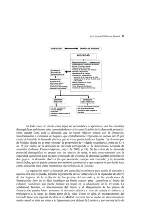La Vivienda Pública en Madrid 33

POBLACIÓN

DEMADA DE VIVIENDA

NECESIDAD
Derecho básico .... apetencias

DEMANDA
POTENCIAL
DEMOGRÁFICA
Habitantes que
en razón de su
edad, sexo, estado
civil y forma de
convivencia (HOGARES)
necesitan una vivienda.

DEMANDA
EFECTIVA

Los que necesitando
vivienda TIENEN
capacidad
económica para acceder al
mercado.

•Emancipación, Formación de núcleo
familiar: Primera vivienda
•Separaciones, divorcios
•Cambio de domicilio por motivos
laborales. Migraciones
•Aproximación al trabajo.
•Cambio por inadecuación
(aumento de la esperanza de vida:
alargamiento de la fase de nido vacío
y de viudez)
•Mejora (calidad, m2, zona)
•Inversión/Ahorro
•Ocio, Segunda Residencia
•Cambio de régimen de tenencia

DEMANDA
INSATISFECHA
Los que necesitando vivienda
NO TIENEN capacidad
económica para acceder al
mercado.

En todo caso, al cruzar estos tipos de necesidades o apetencias con las variables
demográficas podríamos estar aproximándonos a la cuantificación de la demanda potencial.
Debe quedar fuera toda la demanda que no tienen relación directa con la formación,
transformación o extinción de hogares, que probablemente representa no menos del 25 por
ciento del total de la demanda efectiva que se viene produciendo en España. En el municipio
de Madrid, donde no es muy elevada la proporción de vivienda secundarias, entre un 13 y
un 15 por ciento de la demanda de vivienda corresponde a la denominada demanda de
inversión (Informe Planner-Asprima, mayo de 2003, p 29). Si las cifras de la demanda
potencial demográfica se cruzan con los niveles de renta, o más concretamente con la
capacidad económica para acceder al mercado de vivienda, la demanda quedará repartida en
dos grupos: la demanda efectiva (la que realmente compra una vivienda) y la demanda
insatisfecha, que no puede comprar por motivos económicos y que expresa lo que desde hace
ciento cincuenta años viene llamándose el problema de la vivienda.
La separación entre la demanda con capacidad económica para acudir al mercado y
aquella otra que no puede, depende lógicamente de las variaciones en la capacidad de ahorro
de los hogares, de la evolución de los precios del mercado y de las condiciones de
financiación. Pero no es fácil establecer un límite exacto para cuantificar el límite del
esfuerzo económico que puede realizar un hogar en la adquisición de la vivienda. La
solidaridad familiar, el abaratamiento del dinero y el alargamiento de los plazos de
financiación pueden hacer aumentar la demanda efectiva a base de reducir el esfuerzo y
prolongarlo a lo largo de buena parte de la vida. Como se sabe, el encarecimiento del
mercado tiene una especial incidencia en Madrid. La ratio precio medio de vivienda/salario
medio anual se sitúa en torno a 6, ligeramente por debajo de Londres y por encima de la de

 