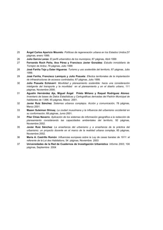 25
26
27
28
29
30

31

32
33
34

35

36
37

Ángel Carlos Aparicio Mourelo: Políticas de regeneración urbana en los Estados Unidos,57
páginas, enero 1999.
Julio García Lanza: El perfil urbanístico de los municipios, 87 páginas, Abril 1999
Fernando Roch Peña, Ana Pérez y Francisco Javier González: Estudio inmobiliario de
Torrejón de Ardoz, 78 páginas, Julio 1999
José Fariña Tojo y Ester Higueras: Turismo y uso sostenible del territorio, 67 páginas, Julio
1999.
José Fariña, Francisco Lamíquiz y Julio Pozueta: Efectos territoriales de la implantación
de infraestructuras de accesos controlados, 67 páginas, Julio 1999.
Julio Pozueta Echávarri: Movilidad y planeamiento sostenible: hacia una consideración
inteligente del transporte y la movilidad en el planeamiento y en el diseño urbano, 111
páginas, Noviembre 2000.
Agustín Hernández Aja, Miguel Ángel Prieto Miñano y Raquel Rodríguez Alonso:
Inventario de bases de Datos Estadísticas y Cartográficas derivadas del Padrón Municipal de
habitantes de 1.996, 45 páginas, Marzo 2001.
Javier Ruiz Sánchez: Sistemas urbanos complejos. Acción y comunicación, 78 páginas,
Marzo 2001.
Mazen Suleiman Shinaq: La ciudad musulmana y la influencia del urbanismo occidental en
su conformación, 68 páginas, Junio 2001.
Pilar Chías Navarro: Aplicación de los sistemas de información geográfica a la redacción de
planeamiento considerando las capacidades ambientales del territorio, 92 páginas,
Noviembre 2002.
Javier Ruiz Sánchez: La enseñanza del urbanismo y a enseñanza de la práctica del
urbanismo: un proyecto docente en el marco de la realidad urbana compleja, 85 páginas,
Noviembre 2002.
María A. Castrillo Romón: Influencias europeas sobre la Ley de casas baratas de 1911: el
referente de la Loi des Habitations, 54 páginas, Noviembre 2003
Universidades de la Red de Cuadernos de Investigación Urbanística: Informe 2003, 104
páginas, Septiembre 2004

 