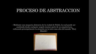 PROCESO DE ABSTRACCION
• Mediante una maqueta abstracta de la ciudad de Dubái, la cual puede ser
analizada desde cualquier angulo mostar parte de su arquitectura,
enfocando principalmente la atención en la torre mas alta del mundo "Burj
Khalifa".
 