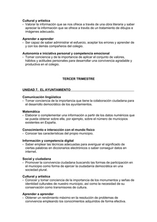 Cultural y artística
- Valorar la información que se nos ofrece a través de una obra literaria y saber
  apreciar la información que se ofrece a través de un tratamiento de dibujos e
  imágenes adecuado.

Aprender a aprender
- Ser capaz de saber administrar el esfuerzo, aceptar los errores y aprender de
  y con los demás compañeros del colegio.

Autonomía e iniciativa personal y competencia emocional
- Tomar conciencia y de la importancia de aplicar el conjunto de valores,
  hábitos y actitudes personales para desarrollar una convivencia agradable y
  productiva en el colegio.



                            TERCER TRIMESTRE


UNIDAD 7. EL AYUNTAMIENTO

Comunicación lingüística
- Tomar conciencia de la importancia que tiene la colaboración ciudadana para
  el desarrollo democrático de los ayuntamientos.

Matemática
- Elaborar o complementar una información a partir de los datos numéricos que
  se pueda obtener sobre ella, por ejemplo, sobre el número de municipios
  existentes en España.

Conocimiento e interacción con el mundo físico
- Conocer las características del propio municipio.

Información y competencia digital
- Saber emplear las técnicas adecuadas para averiguar el significado de
  ciertas palabras en diccionarios electrónicos o saber conseguir datos en
  internet.

Social y ciudadana
- Promover la convivencia ciudadana buscando las formas de participación en
  el municipio como forma de ejercer la ciudadanía democrática en una
  sociedad plural.

Cultural y artística
- Conocer y tomar conciencia de la importancia de los monumentos y señas de
  identidad culturales de nuestro municipio, así como la necesidad de su
  conservación como transmisores de cultura.

Aprender a aprender
- Obtener un rendimiento máximo en la resolución de problemas de
  convivencia empleando los conocimientos adquiridos de forma efectiva.
 