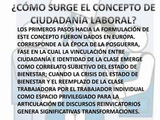 LOS PRIMEROS PASOS HACIA LA FORMULACIÓN DE 
ESTE CONCEPTO FUERON DADOS EN EUROPA. 
CORRESPONDE A LA ÉPOCA DE LA POSGUERRA, 
FASE EN LA CUAL LA VINCULACIÓN ENTRE 
CIUDADANÍA E IDENTIDAD DE LA CLASE EMERGE 
COMO CORRELATO SUBJETIVO DEL ESTADO DE 
BIENESTAR; CUANDO LA CRISIS DEL ESTADO DE 
BIENESTAR Y EL REEMPLAZO DE LA CLASE 
TRABAJADORA POR EL TRABAJADOR INDIVIDUAL 
COMO ESPACIO PRIVILEGIADO PARA LA 
ARTICULACIÓN DE DISCURSOS REINVICATORIOS 
GENERA SIGNIFICATIVAS TRANSFORMACIONES. 
 