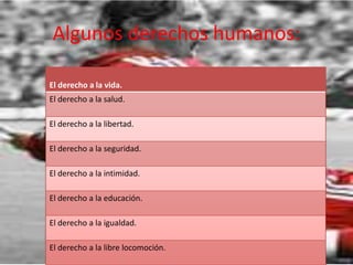 Algunos derechos humanos:

El derecho a la vida.
El derecho a la salud.

El derecho a la libertad.

El derecho a la seguridad.

El derecho a la intimidad.

El derecho a la educación.

El derecho a la igualdad.

El derecho a la libre locomoción.   4
 
