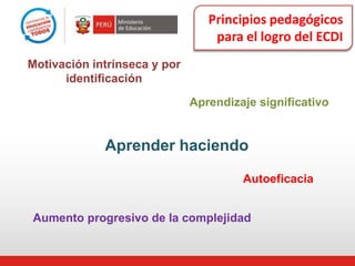 Principios pedagógicos
para el logro del ECDI
Aprender haciendo
Aprendizaje significativo
Aumento progresivo de la complejidad
Autoeficacia
Motivación intrínseca y por
identificación
 